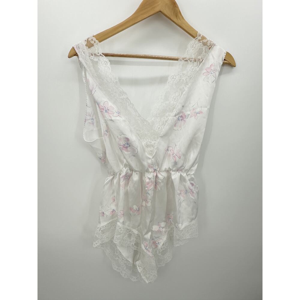 Vintage Jennifer Dale White Floral Lace Satin Sleep Romper Womens Large Lingerie